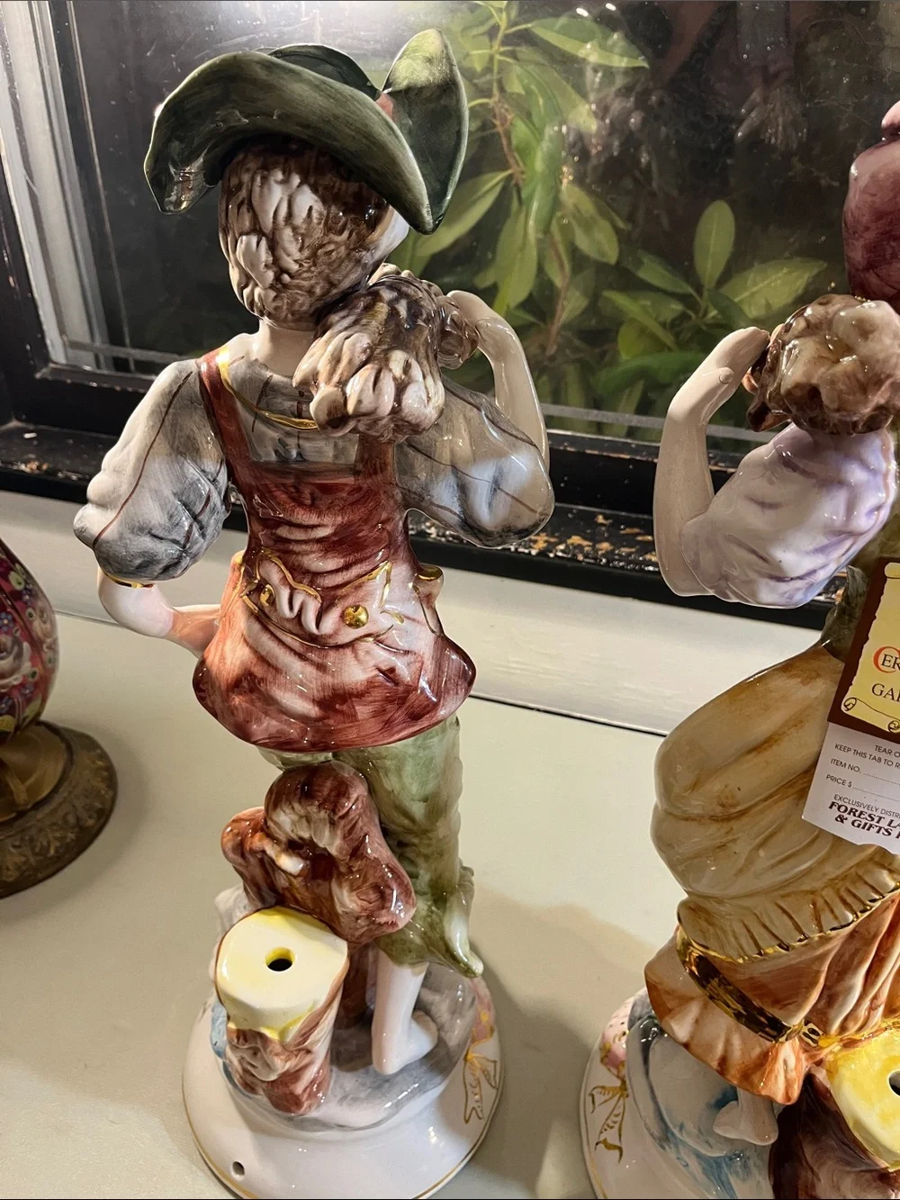 Decorative Porcelain Figurine Pair in Green and Yellow